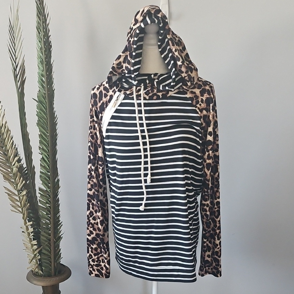 Andthewhy Leopard and Striped Double Hood Hoodie